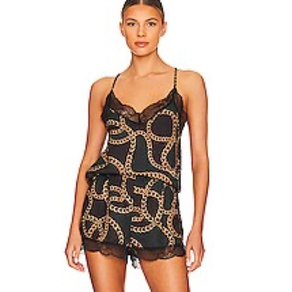 REVOLVE Plush SILKY PAJAMA Chain Link Pajama Set Black & Green - Picture 1 of 3